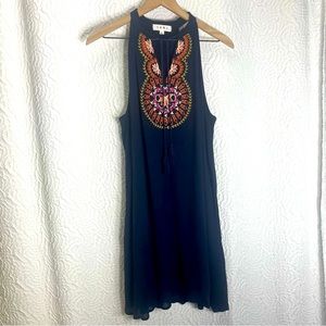 THML Embroidered Boho Halter Tassel Shift Dress Dark Blue Large